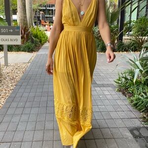 Mustard Yellow Maxi Dress | Deep V Neck | Open Back Tie | Lace Hem | Size M